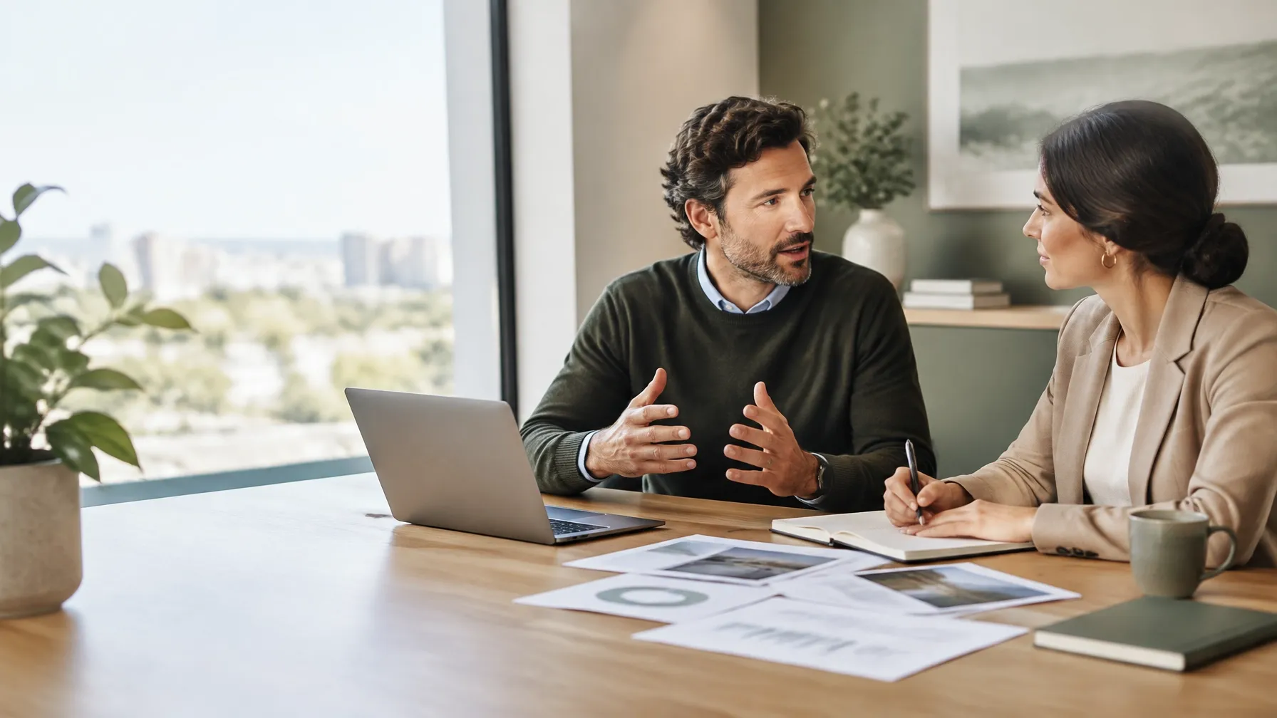 Adviser and client having a focused working conversation at a desk in a bright contemporary office